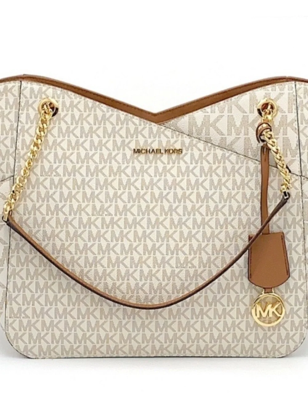 Michael Kors Jet Set Cream and Brown MK Signature Tote with Gold Hardware